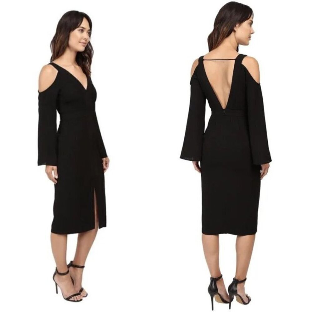 Keepsake the Label Cold Shoulder Bell Sleeve Midi Dress Black V Neck Open Back M